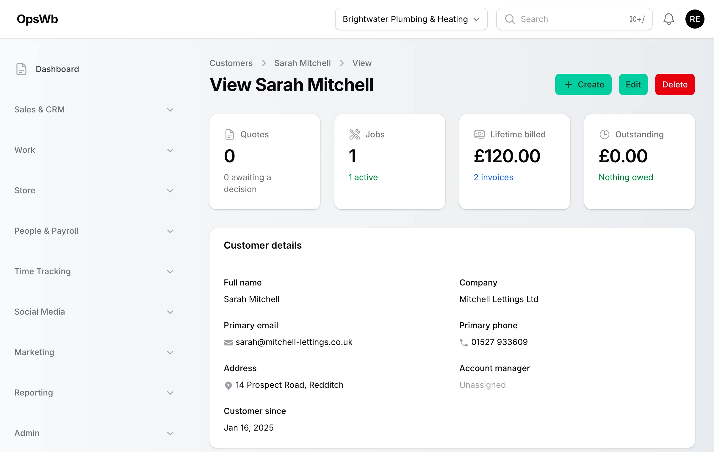 An OpsWB customer record showing quotes, jobs, lifetime billed and contact details