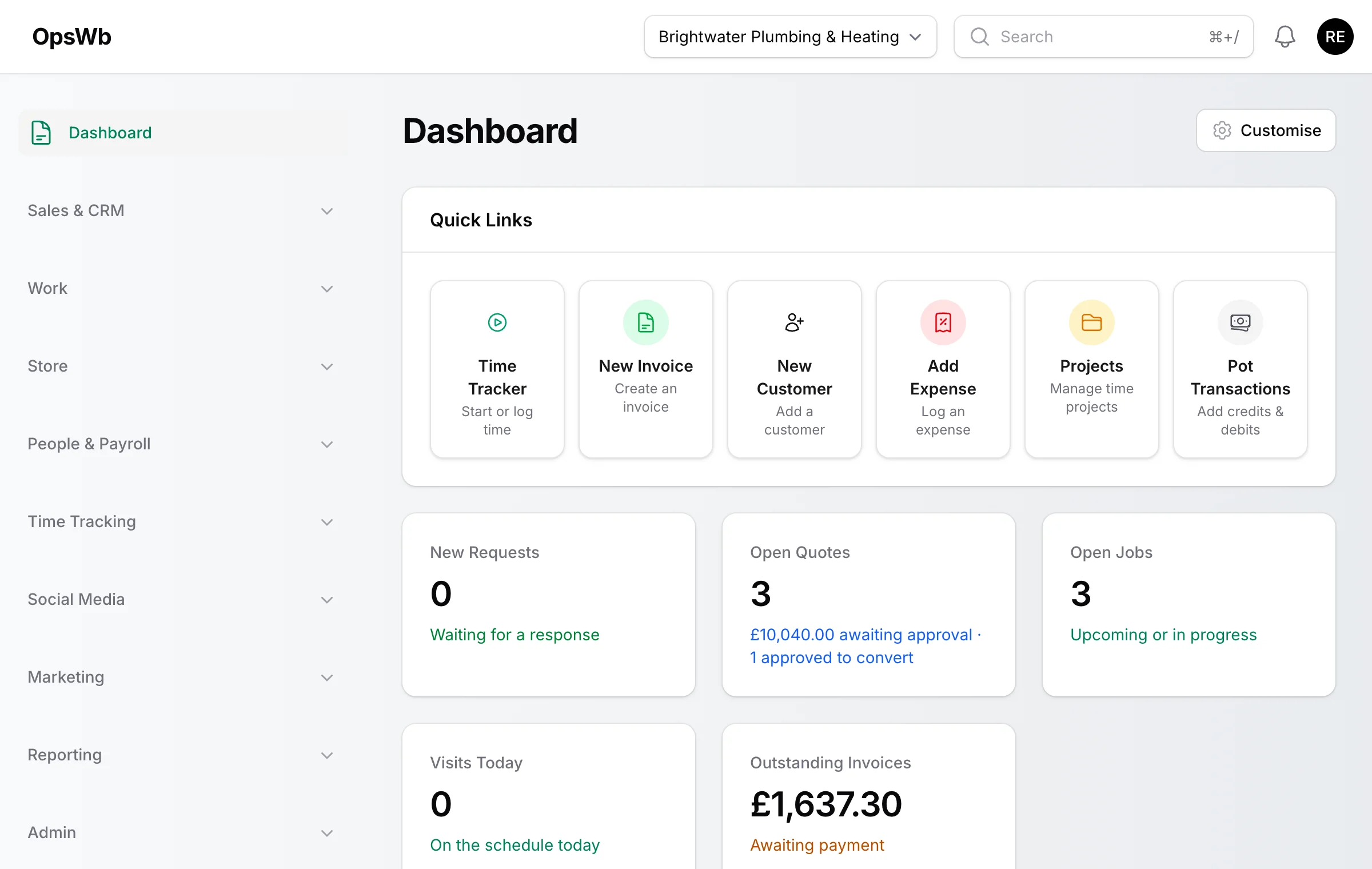 The OpsWB dashboard with quick links and live widgets for open quotes, jobs and outstanding invoices