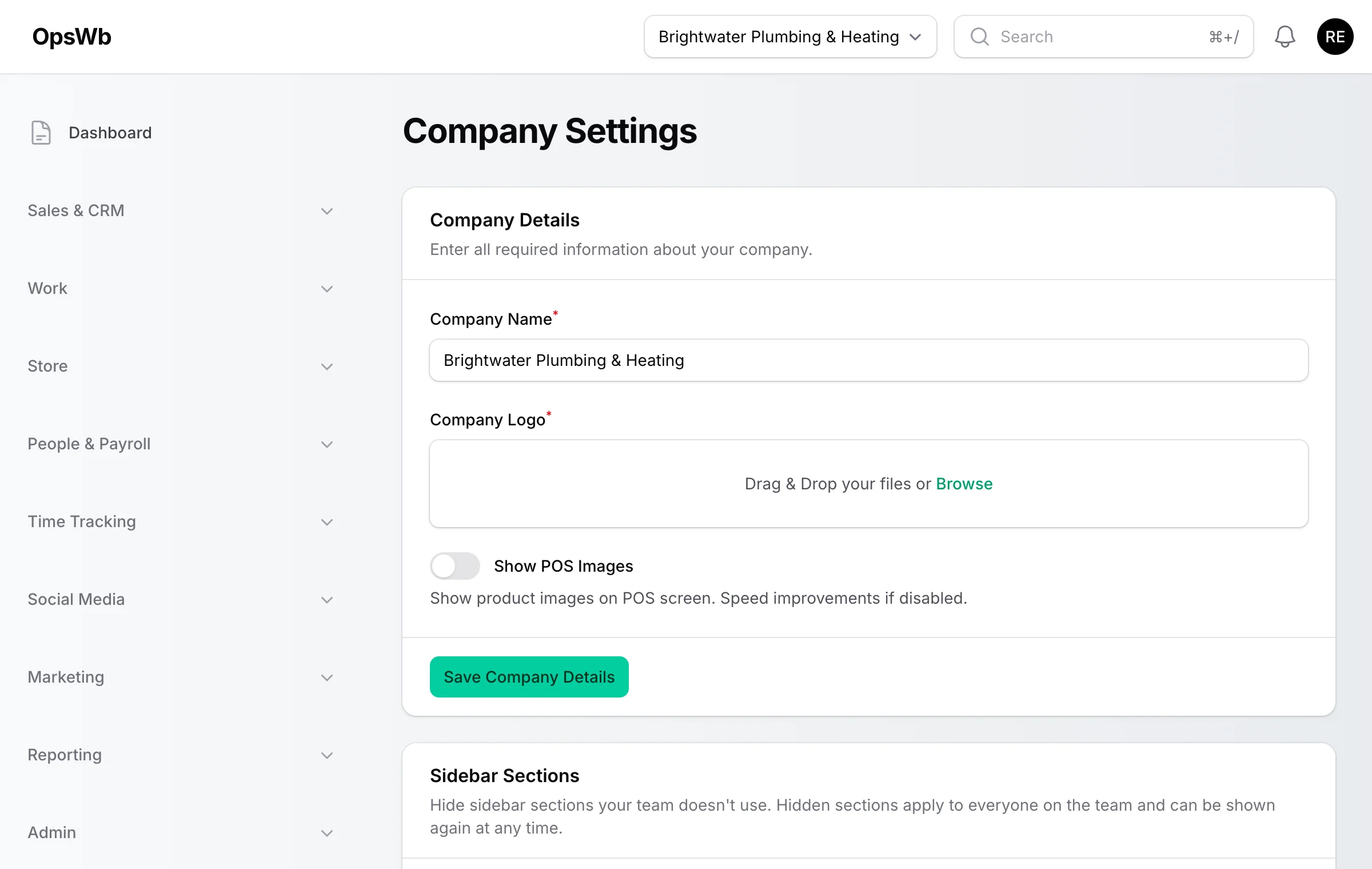 The OpsWB company settings screen with Stripe, WooCommerce and Amazon SES integration sections