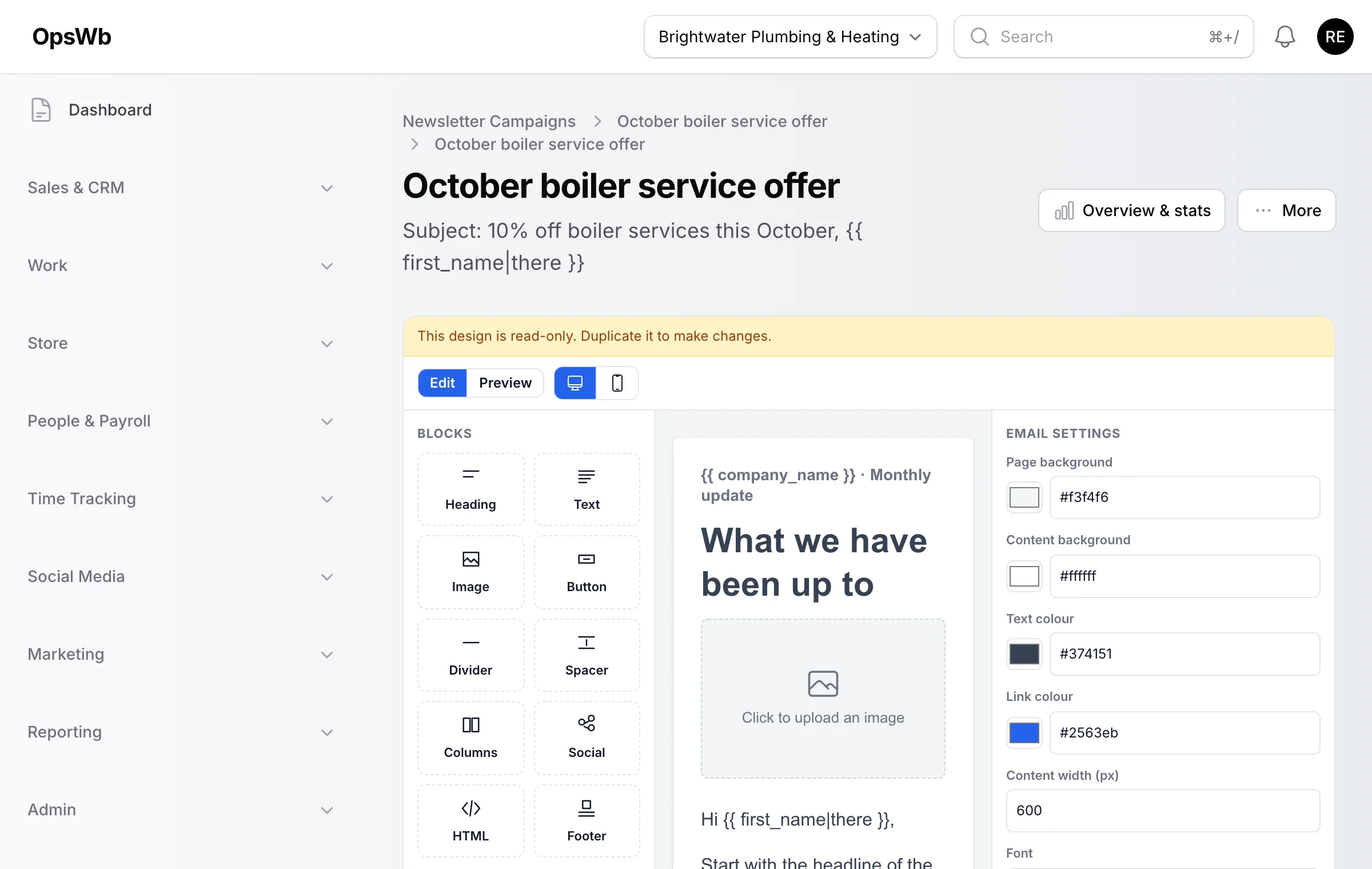 The OpsWB drag-and-drop email builder with blocks, canvas and settings panels