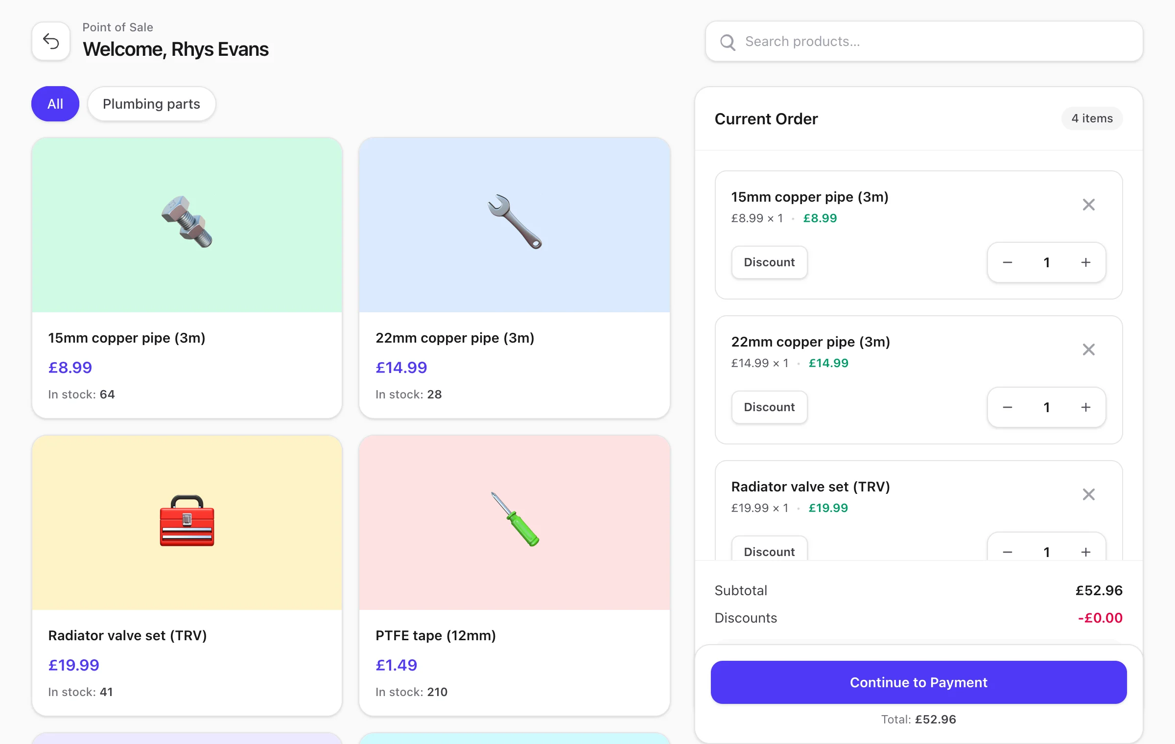 The OpsWB point-of-sale till with a product grid, live stock levels and a current order