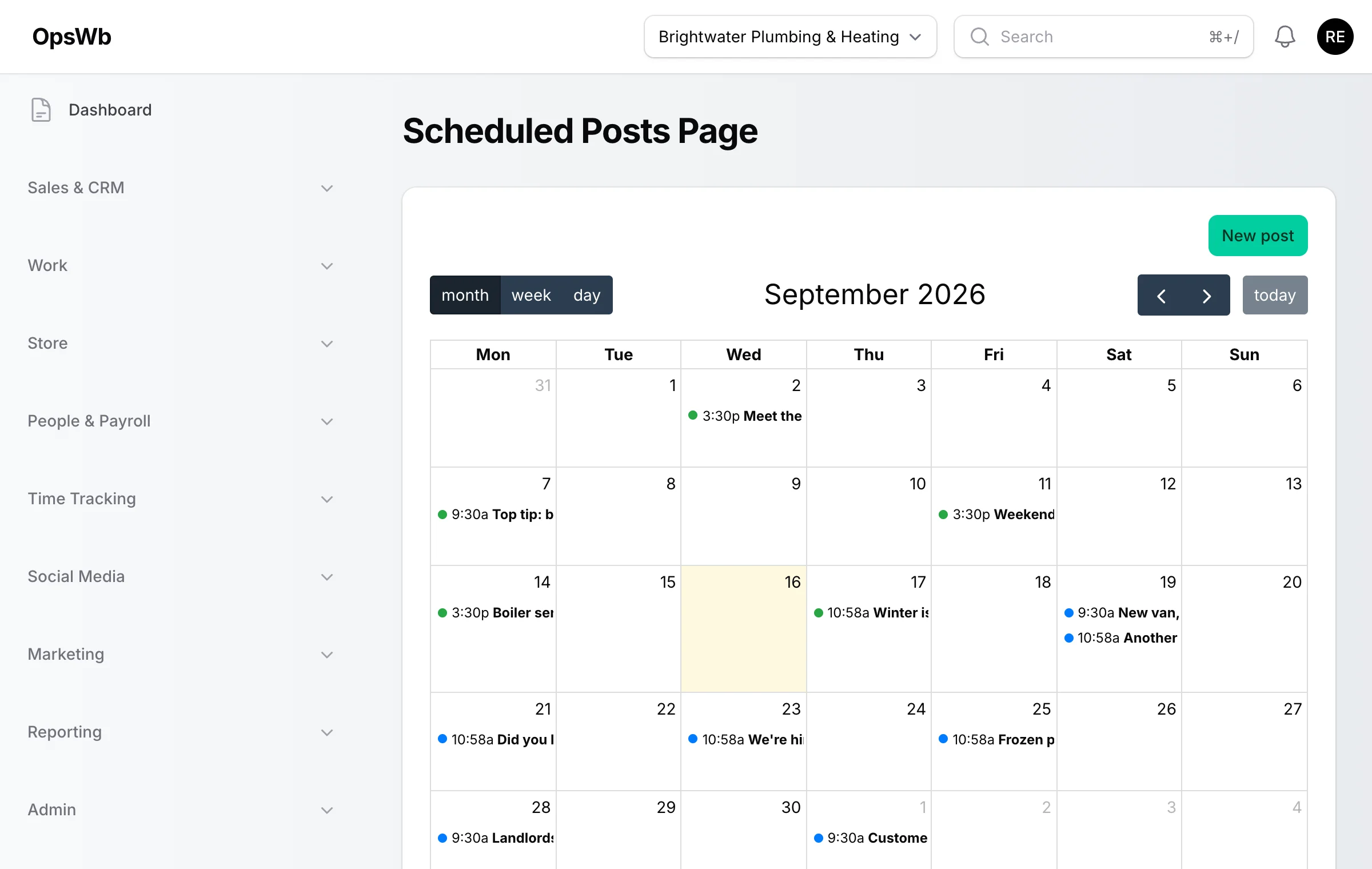 The OpsWB social media calendar with scheduled Facebook and Instagram posts across the month