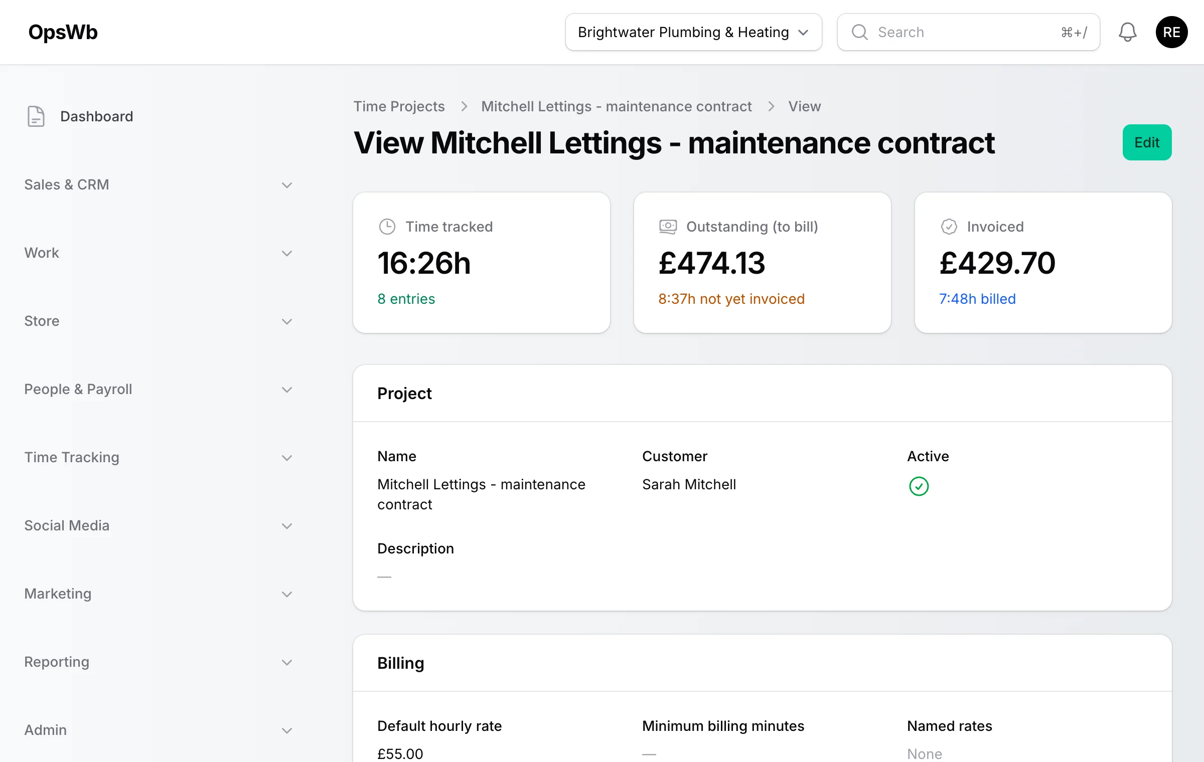 An OpsWB time-tracking project showing time tracked, outstanding to bill and invoiced totals